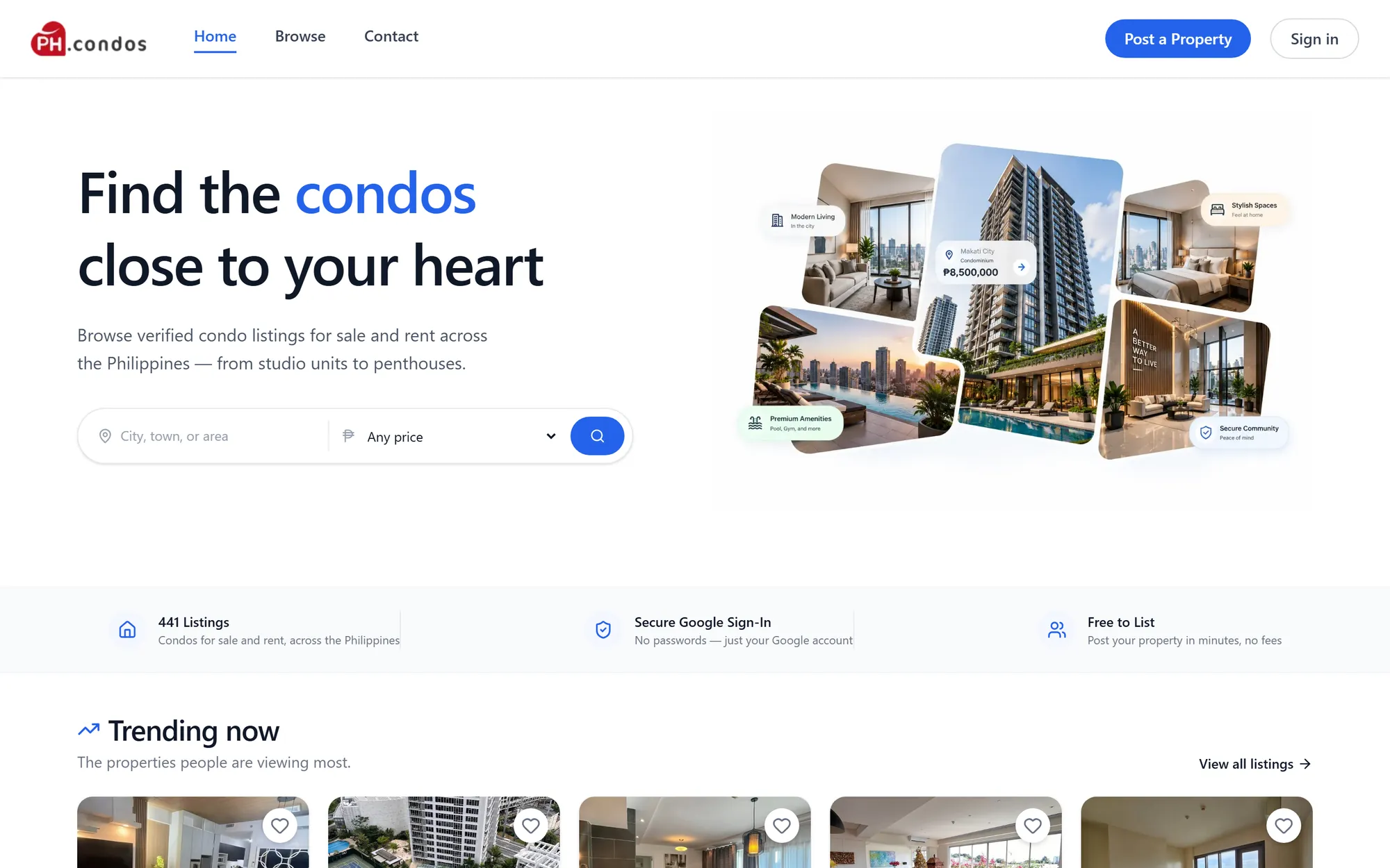 PH.condos home page: the headline Find the condos close to your heart beside photos of condo interiors and a high-rise.