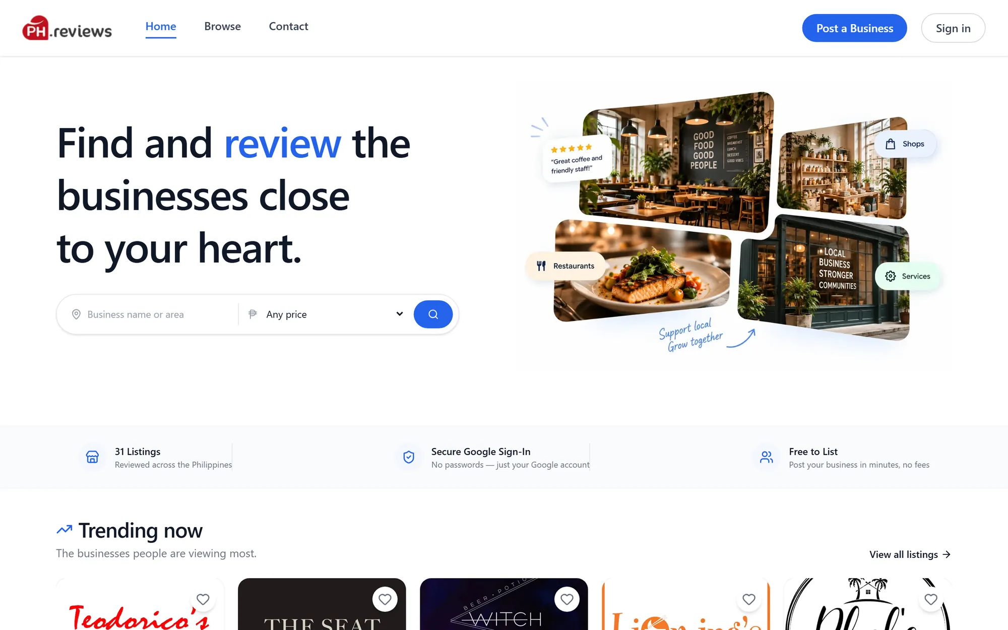 PH.reviews home page: a business search beside photos of restaurants and shops with review callouts.