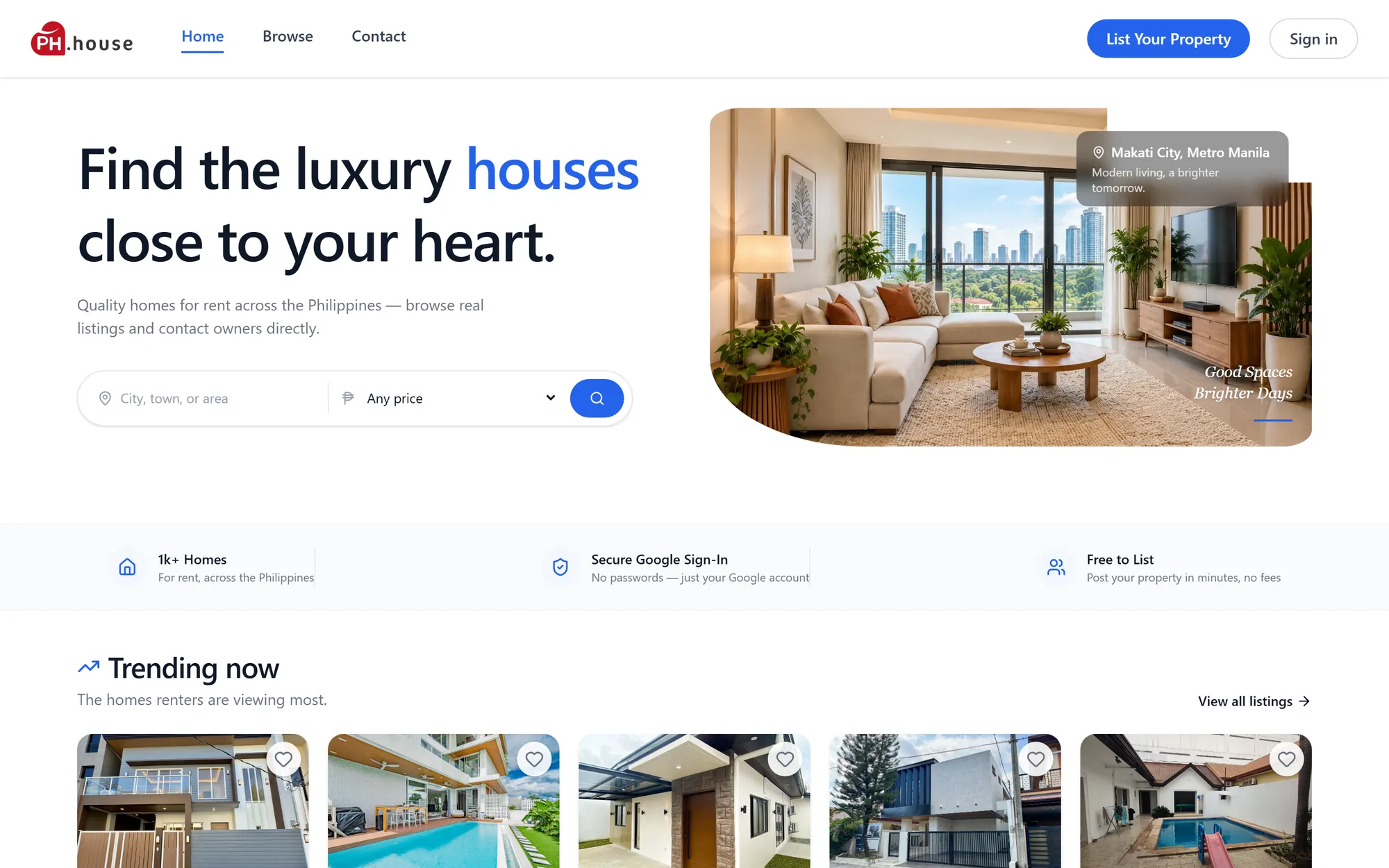 PH.house home page: the headline Find the luxury houses close to your heart beside a bright living room.