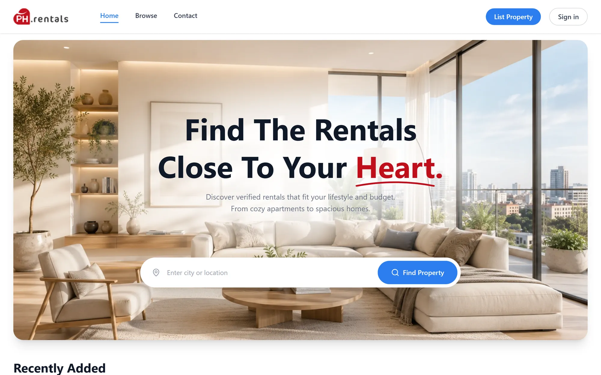 PH.rentals home page: a search box over a bright, modern living room, with the headline Find The Rentals Close To Your Heart.