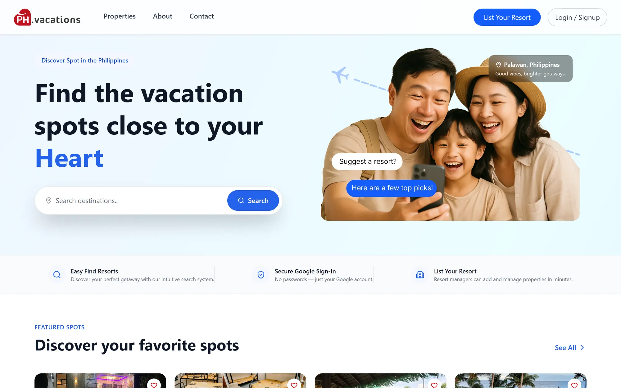 PH.vacations home page: a destination search beside a smiling family, with a chat assistant offering resort suggestions.